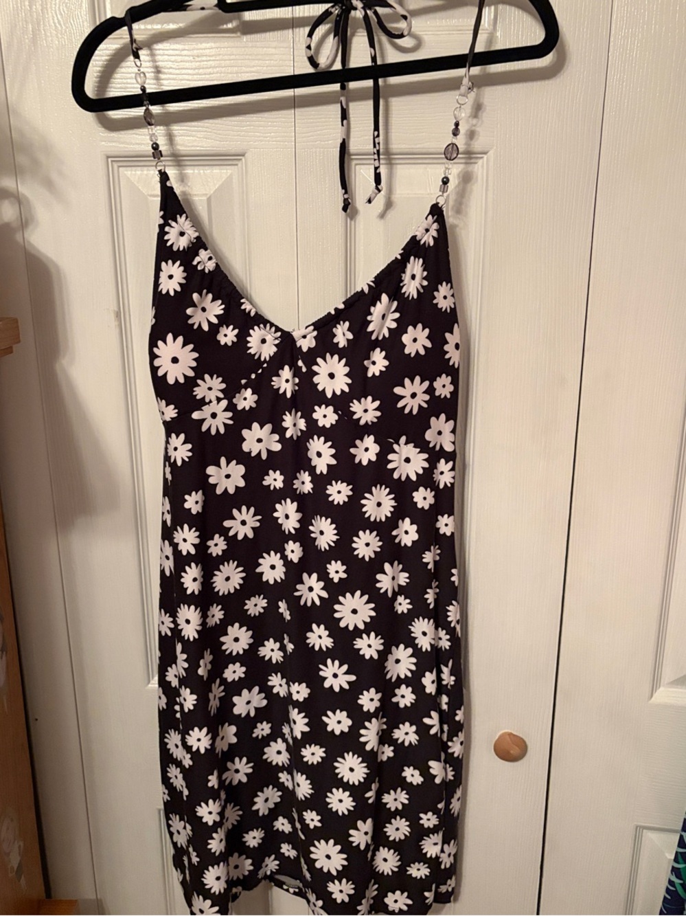 Black Daisy-Print Mini Dress with Beaded Straps Size Large